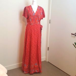 Aakaa Orange and blue flowers Wrap Maxi Dress (NWT)
